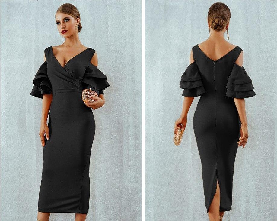 Hanging Ruffled Sleeves Bodycon Bandage Dress - Fashionpara