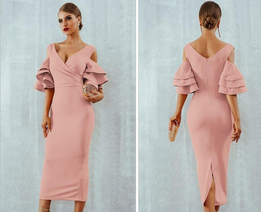 Hanging Ruffled Sleeves Bodycon Bandage Dress - Fashionpara