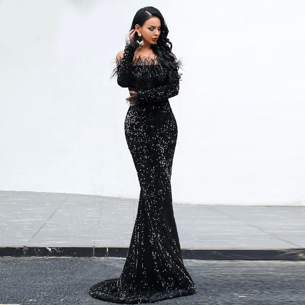 Black & White Feathered Mermaid Sequins Dress - Fashionpara