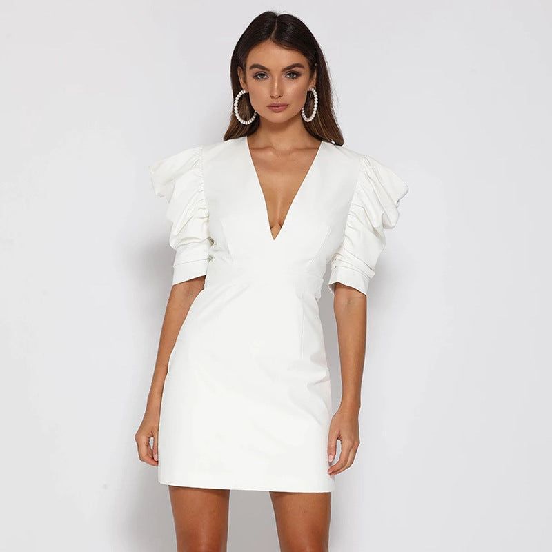 Deep V-Neck Gathered Puff Sleeve Bodycon Mini Dress