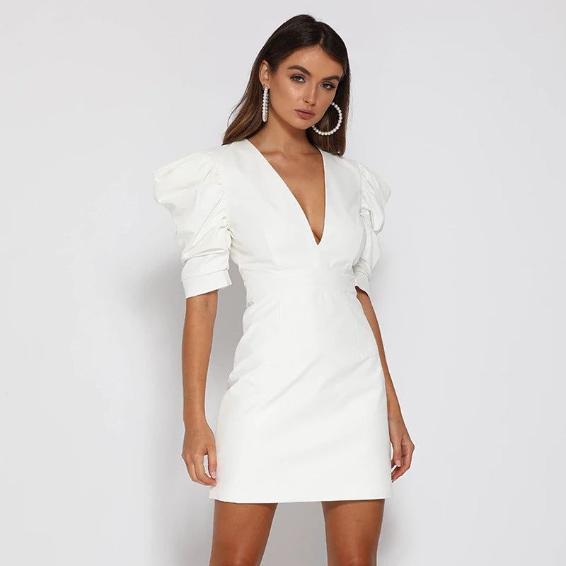 Deep V-Neck Gathered Puff Sleeve Bodycon Mini Dress 2