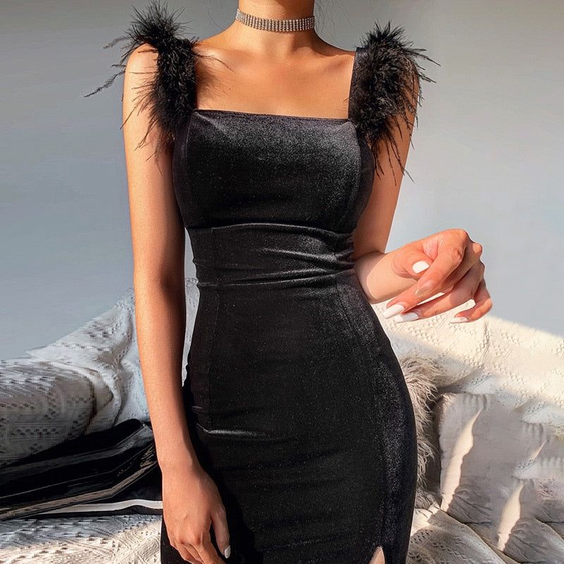 Velvet Feather-Strap Square-Neck Slit Midi Dress 2
