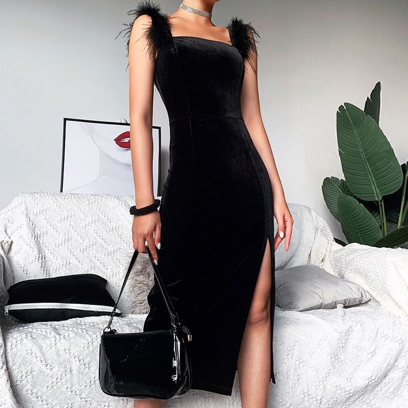 Velvet Feather-Strap Square-Neck Slit Midi Dress 5