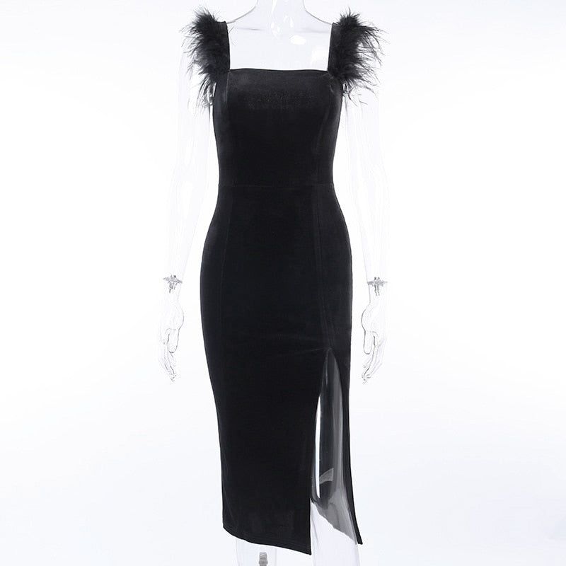 Velvet Feather-Strap Square-Neck Slit Midi Dress 6