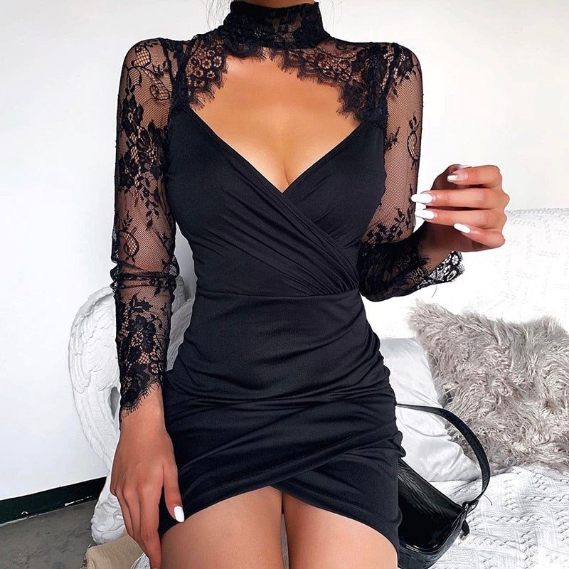 Lace High Neck Long Sleeve Ruched Bodycon Mini Dress 5