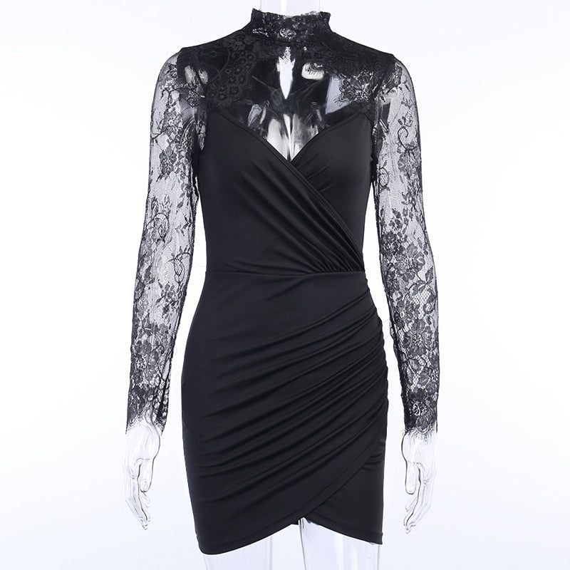 Lace High Neck Long Sleeve Ruched Bodycon Mini Dress 8