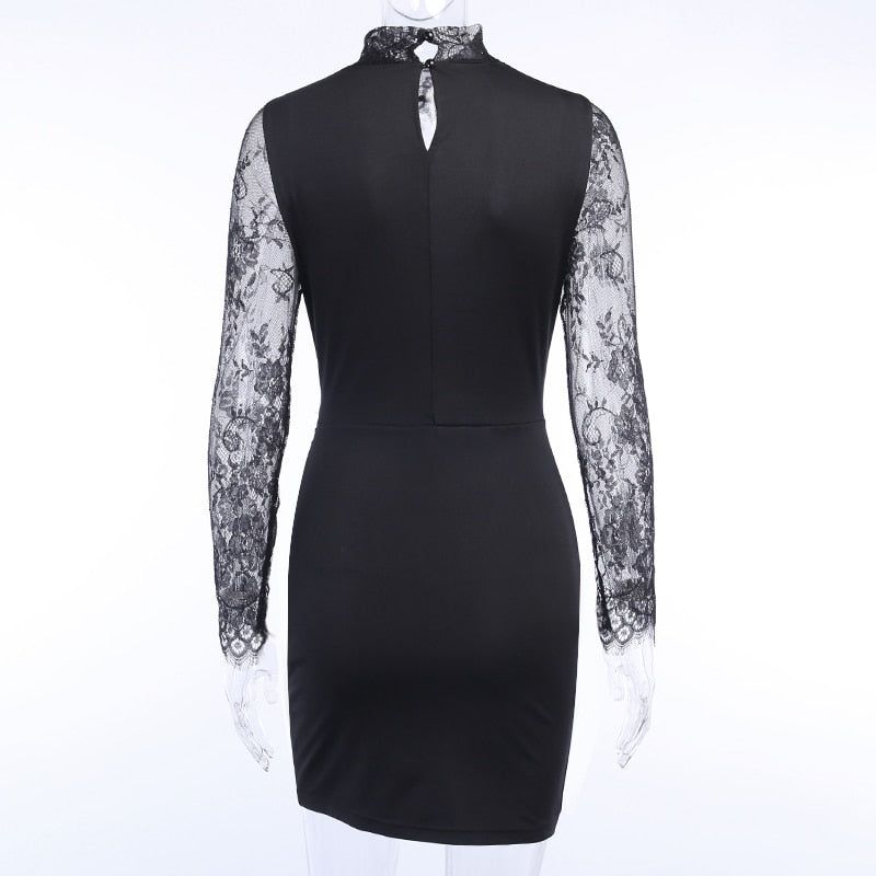 Lace High Neck Long Sleeve Ruched Bodycon Mini Dress 9