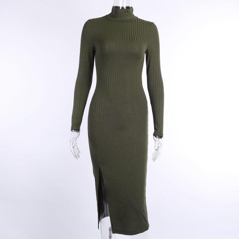 Ribbed Knit Turtleneck Long Sleeve Bodycon Midi Dress 10