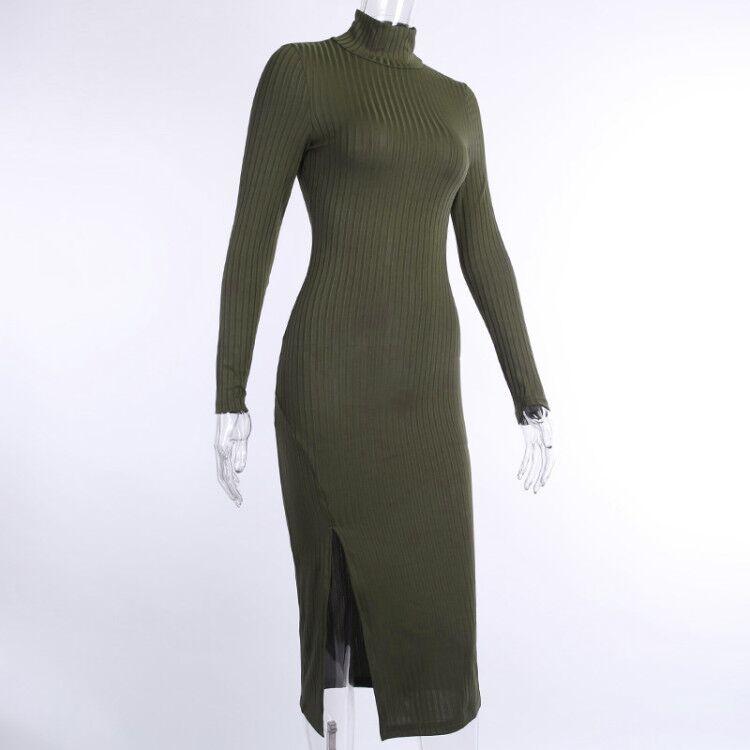 Ribbed Knit Turtleneck Long Sleeve Bodycon Midi Dress 11