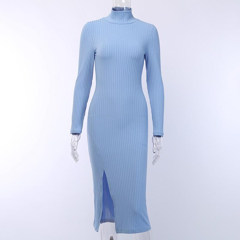 Ribbed Knit Turtleneck Long Sleeve Bodycon Midi Dress 13