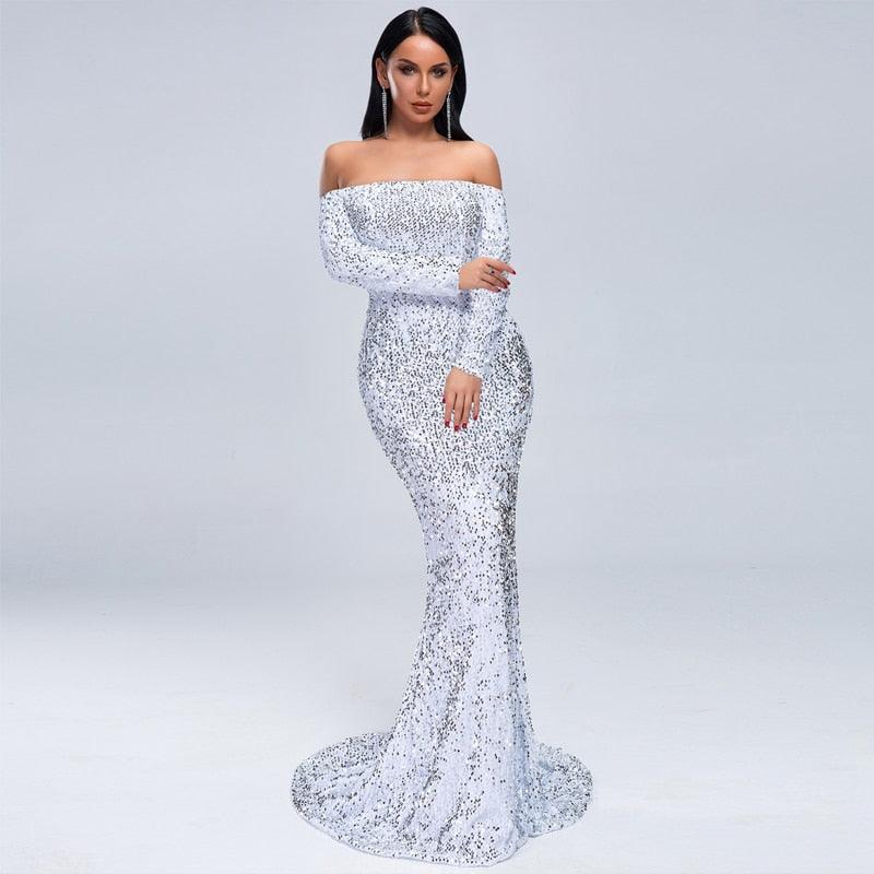 Shoulder Split Mermaid Sequins Dress - Fashionpara