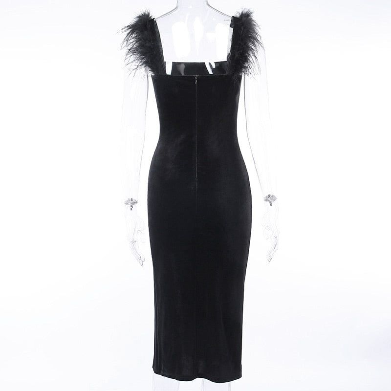 Velvet Feather-Strap Square-Neck Slit Midi Dress 7