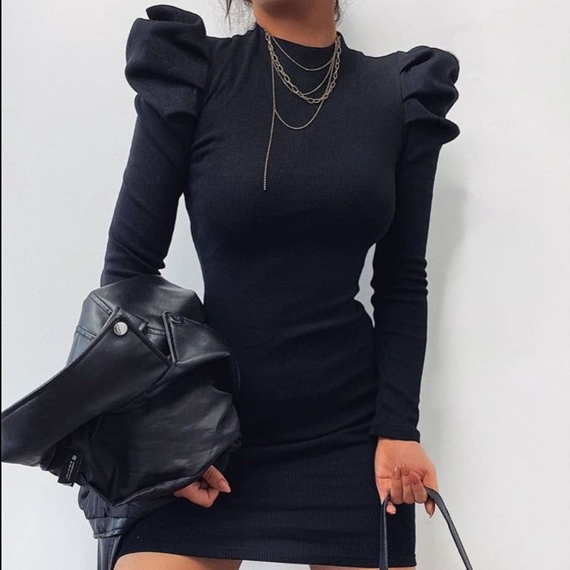 Ribbed Knit Mock Neck Puff Sleeve Bodycon Mini Dress 7