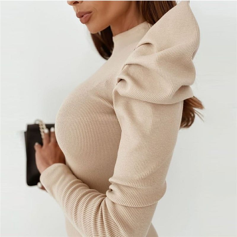 Ribbed Knit Mock Neck Puff Sleeve Bodycon Mini Dress 3