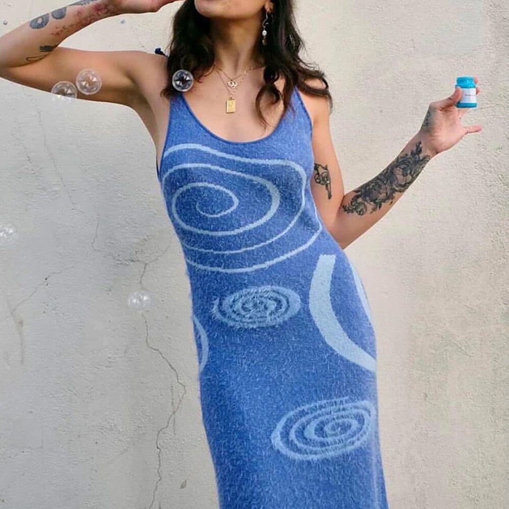 Abstract Print Scoop Neck Knit Bodycon Midi Dress 14