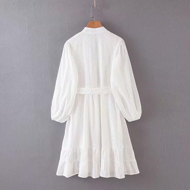 Lace Plunge V-Neck Bishop-Sleeve Ruffle-Hem Mini Dress 5