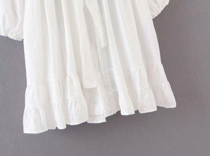 Lace Plunge V-Neck Bishop-Sleeve Ruffle-Hem Mini Dress 13