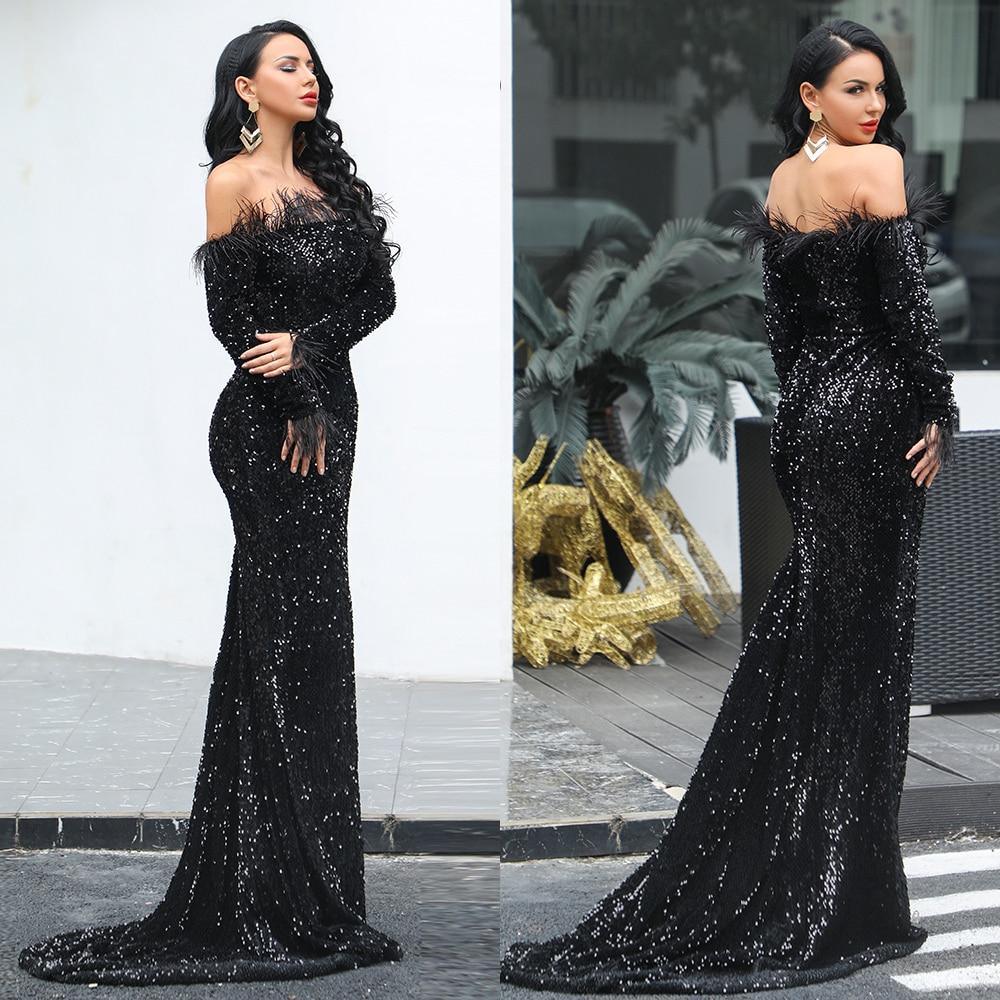 Black & White Feathered Mermaid Sequins Dress - Fashionpara