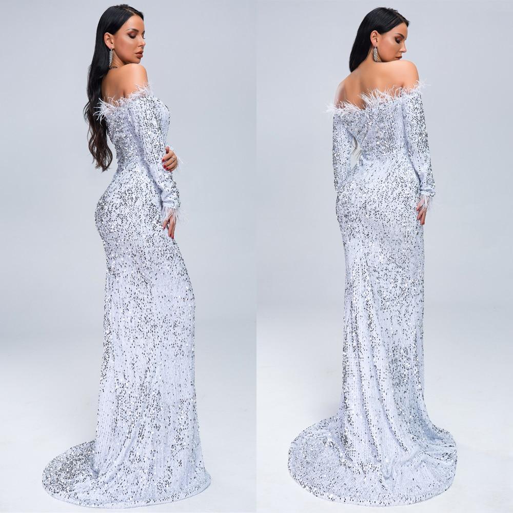 Black & White Feathered Mermaid Sequins Dress - Fashionpara