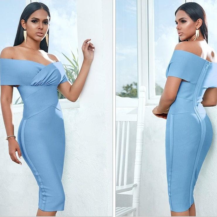 Off The Shoulder Short Sleeve Bodycon Dress - Fashionpara
