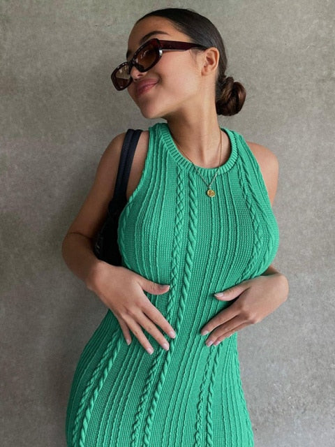 Cable Knit Round Neck Sleeveless Bodycon Dress