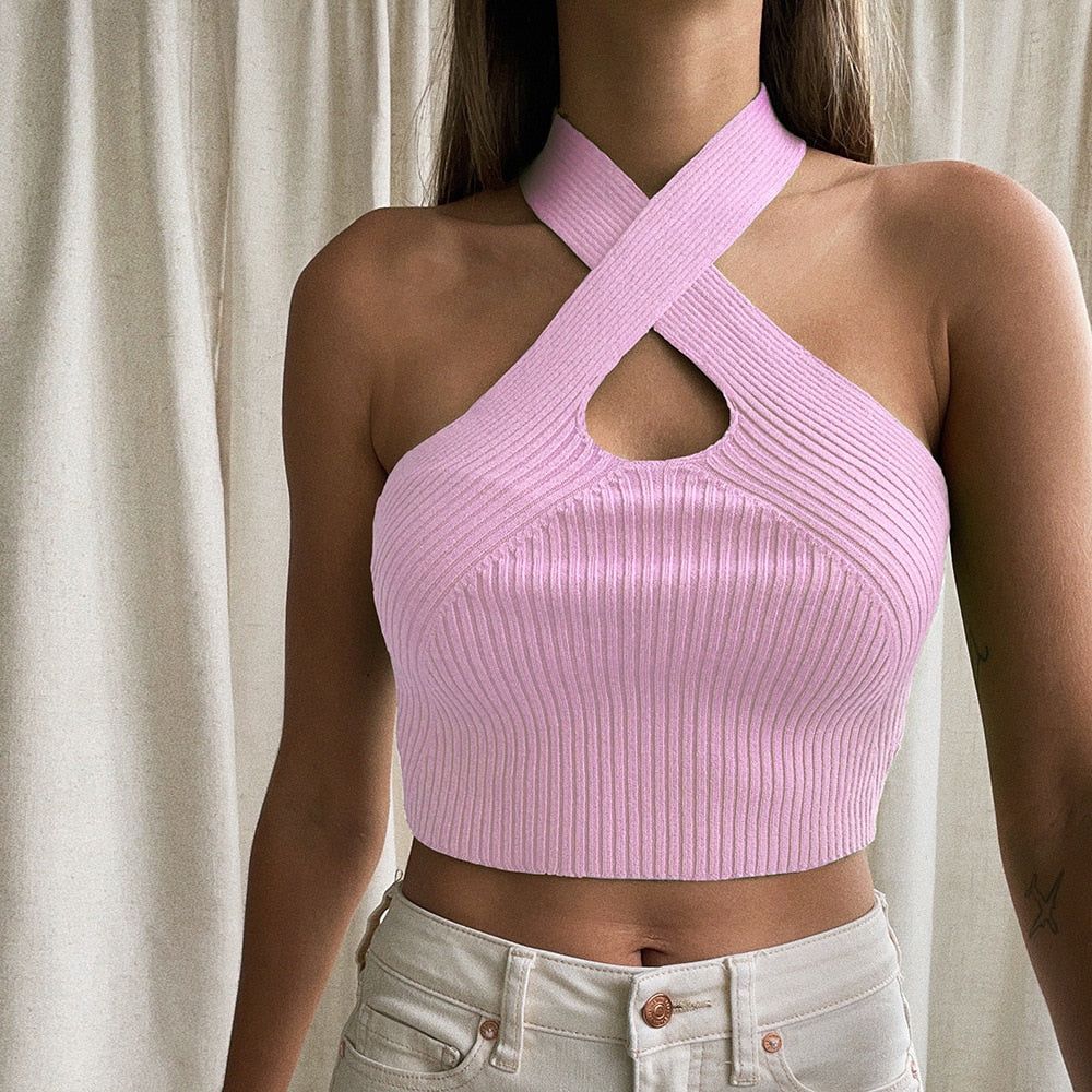 Montego Ribbed Crisscross Halter Crop Top
