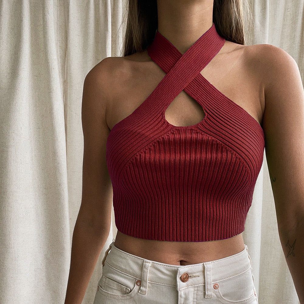 Montego Ribbed Crisscross Halter Crop Top