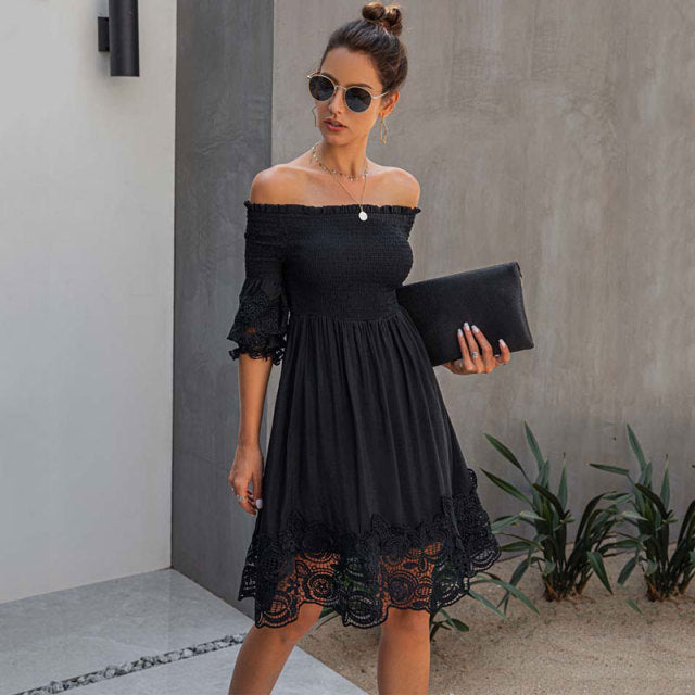 Off Shoulder Lace Trim Smocked Fit & Flare Mini Dress 4