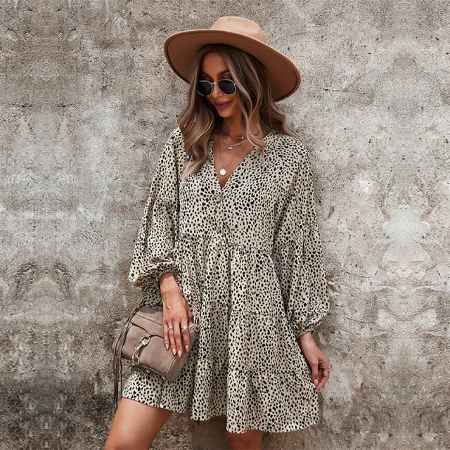 Animal Print V-Neck Long Sleeve Tiered Mini Dress 4
