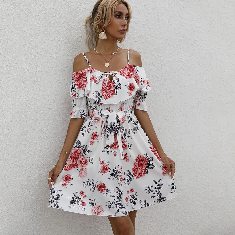 Floral Print Off Shoulder Ruffle Fit & Flare Mini Dress