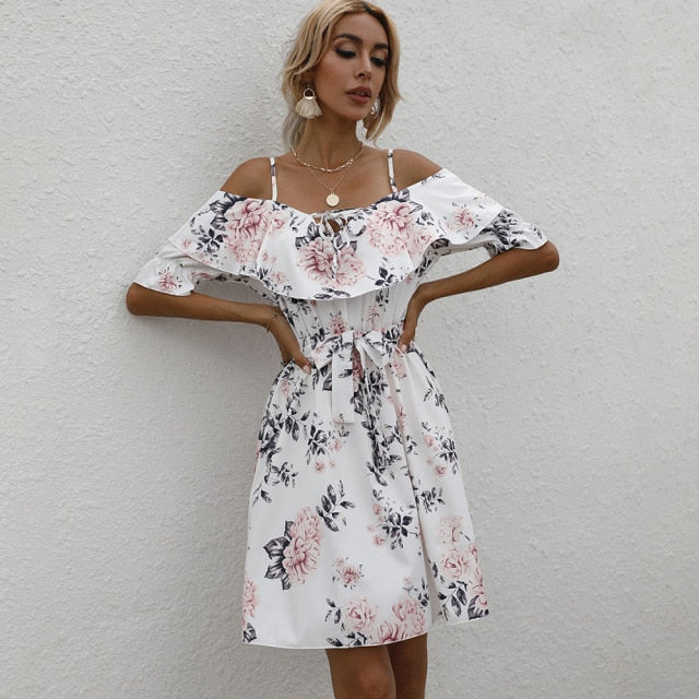 Floral Cold Shoulder Ruffle Tie Waist Mini Dress 2
