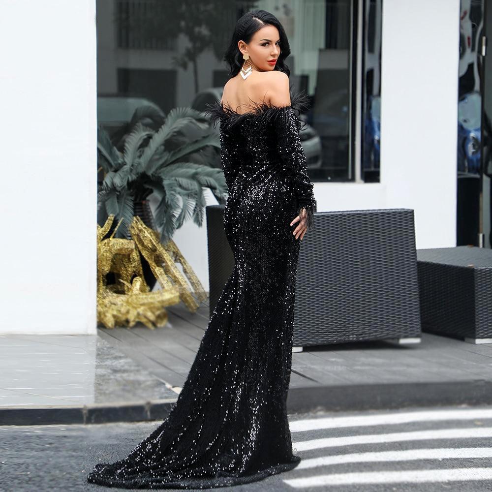 Black & White Feathered Mermaid Sequins Dress - Fashionpara