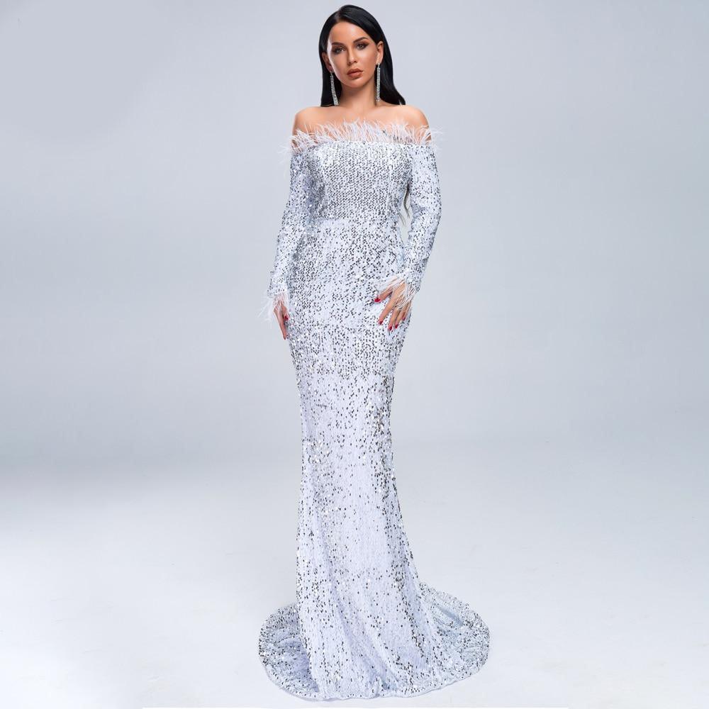 Black & White Feathered Mermaid Sequins Dress - Fashionpara