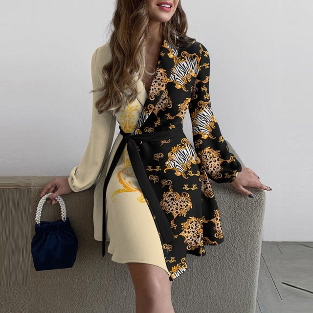 Shawl Collar Long Sleeve Wrap Belted Mini Dress 10