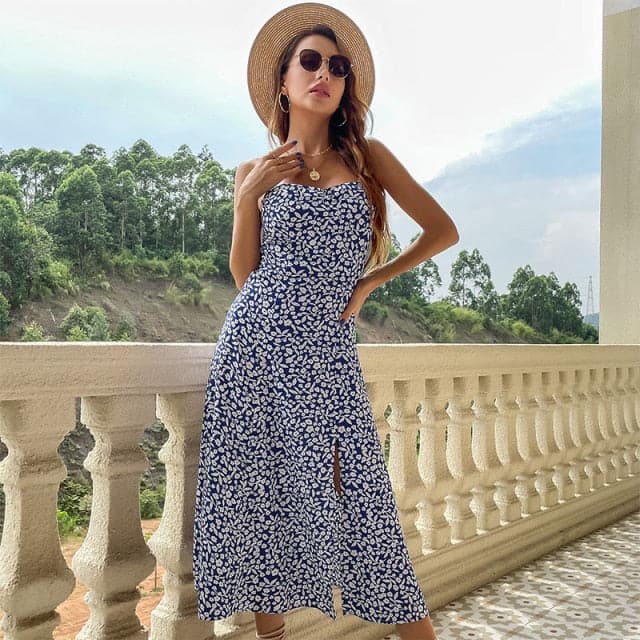 Ditsy Floral Strapless High Split Slip Maxi Summer Dress - View 3