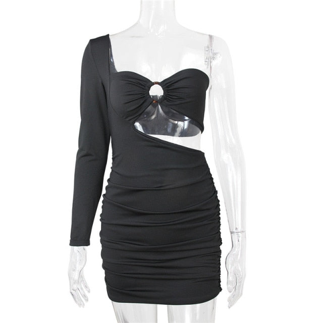 One Shoulder Long Sleeve Ruched Bodycon Mini Dress