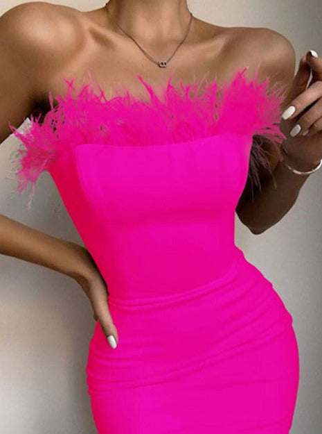 Lessie Strapless Feather Bodycon Dress - Fashionpara