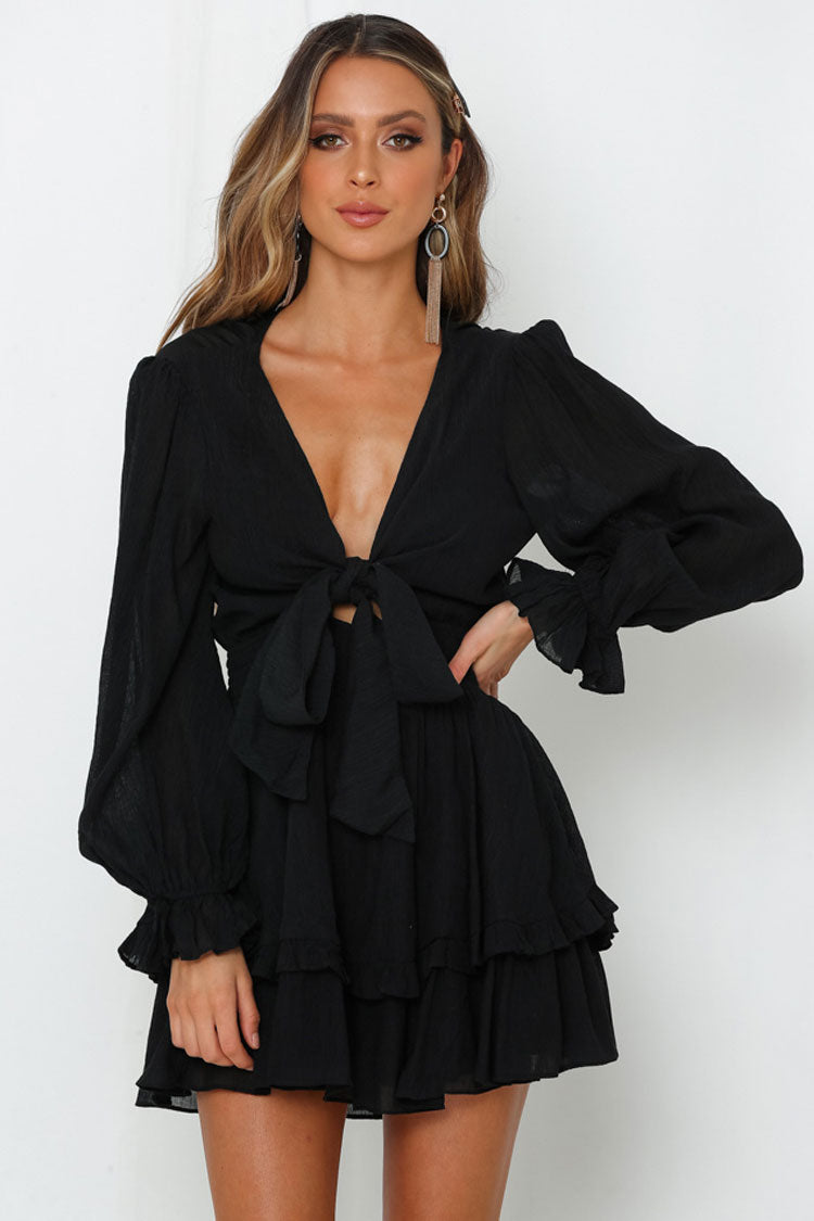 Balloon Sleeve Ruffle Bow Tie V Neck Chiffon Mini Dress - Black  Fashionpara