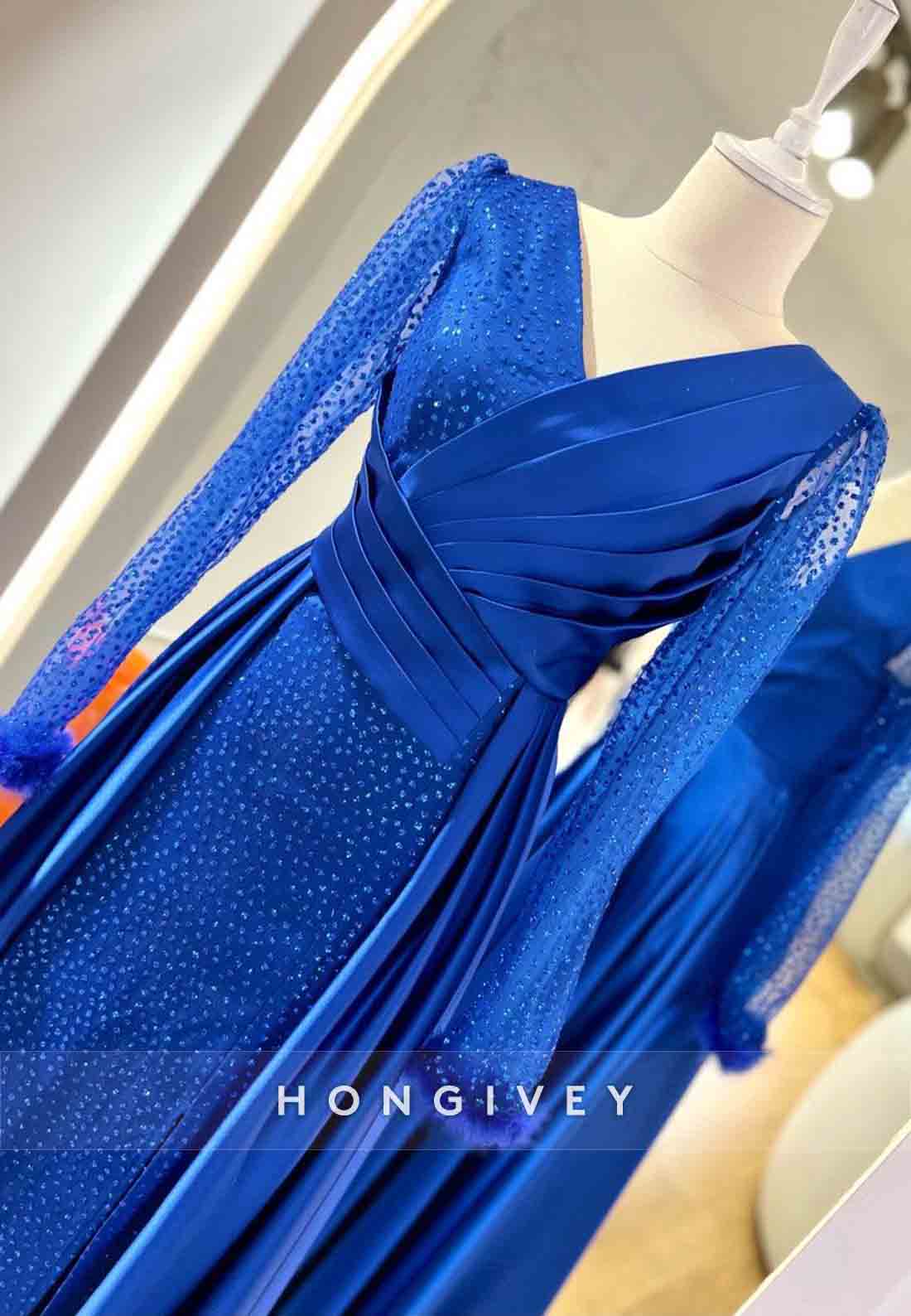 Long Sleeve V Neck Feather Pleated A-line Evening Gown Beading