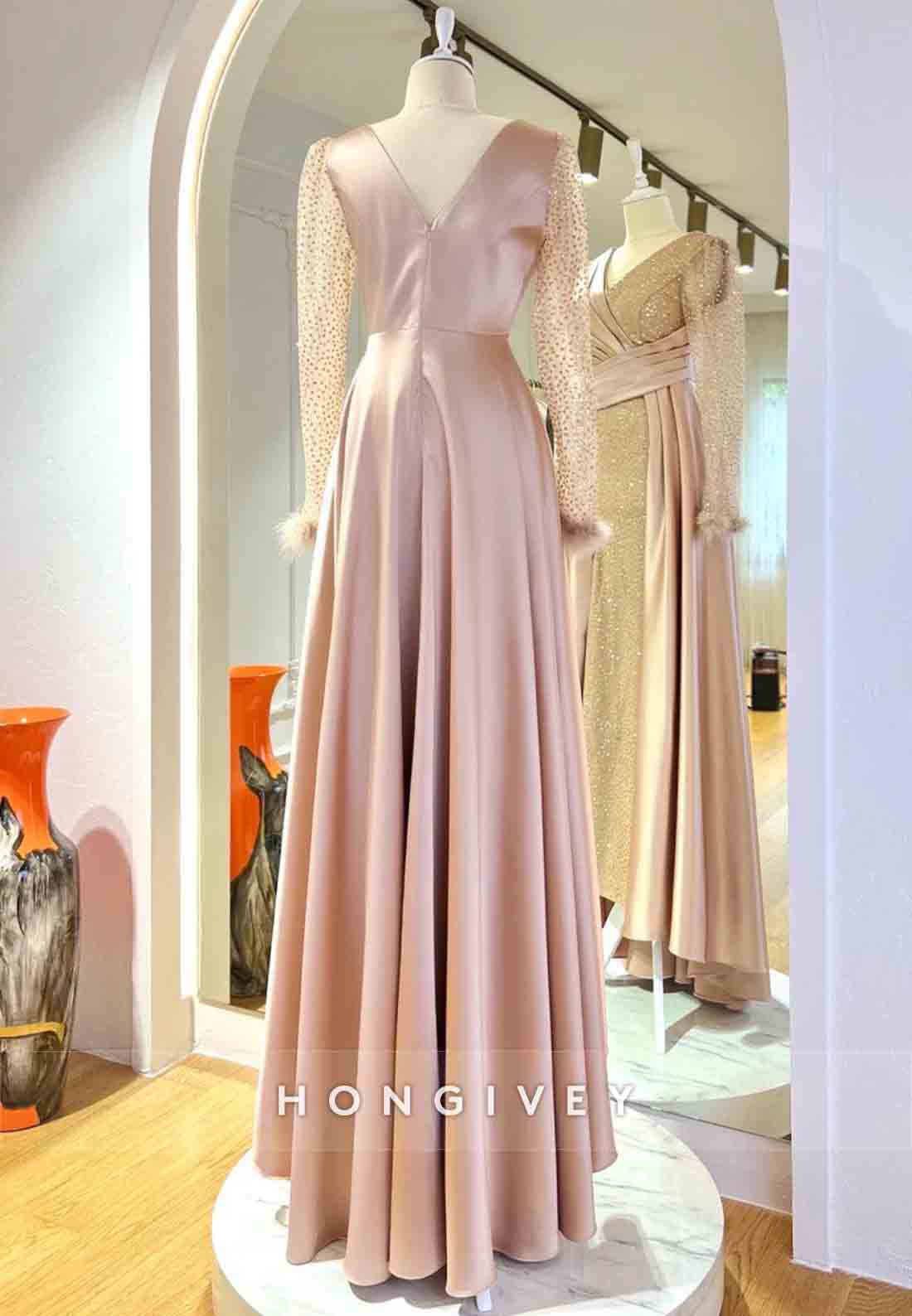 Long Sleeve V Neck Feather Pleated A-line Evening Gown Beading