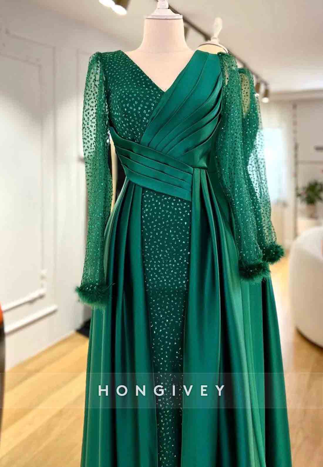 Long Sleeve V Neck Feather Pleated A-line Evening Gown Beading
