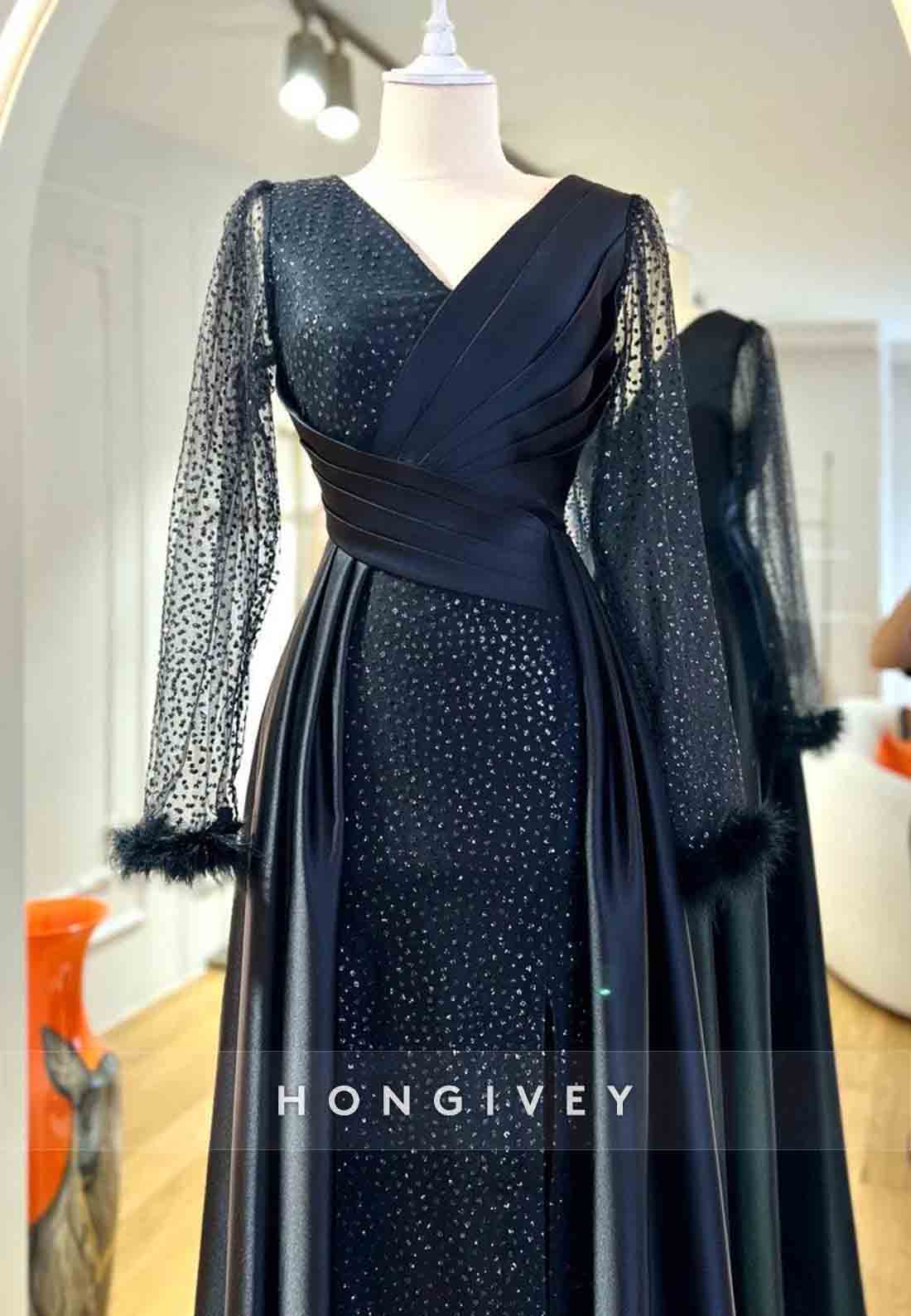Long Sleeve V Neck Feather Pleated A-line Evening Gown Beading
