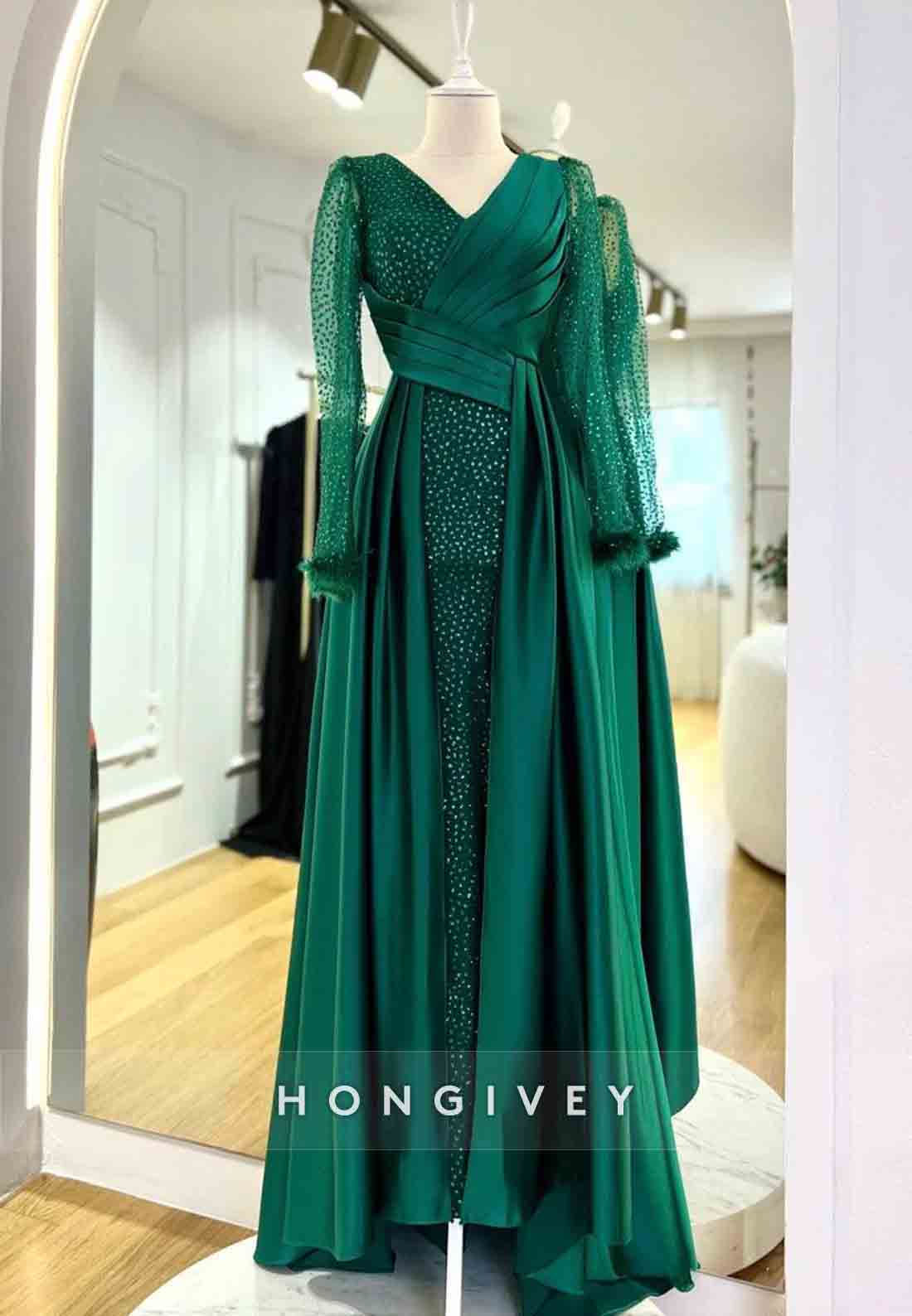 Long Sleeve V Neck Feather Pleated A-line Evening Gown Beading