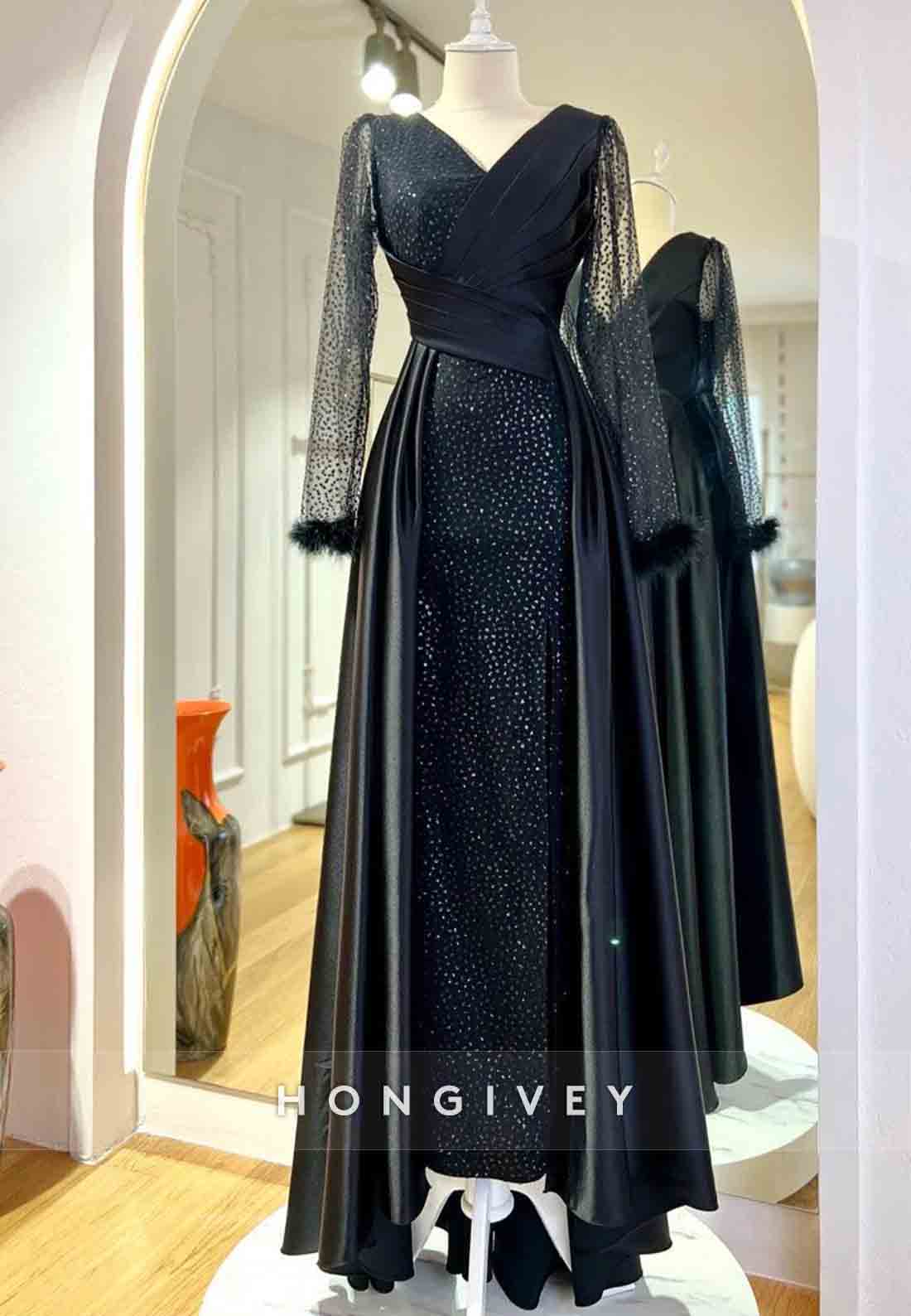 Long Sleeve V Neck Feather Pleated A-line Evening Gown Beading