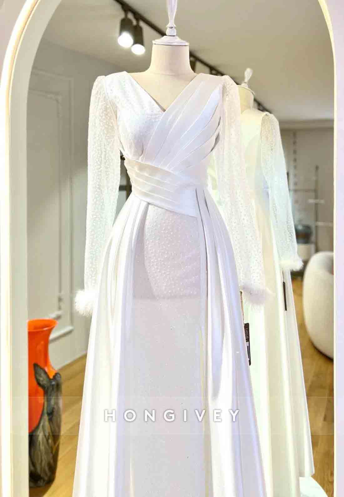 Long Sleeve V Neck Feather Pleated A-line Evening Gown Beading