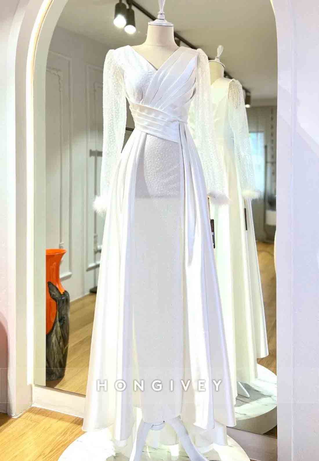 Long Sleeve V Neck Feather Pleated A-line Evening Gown Beading