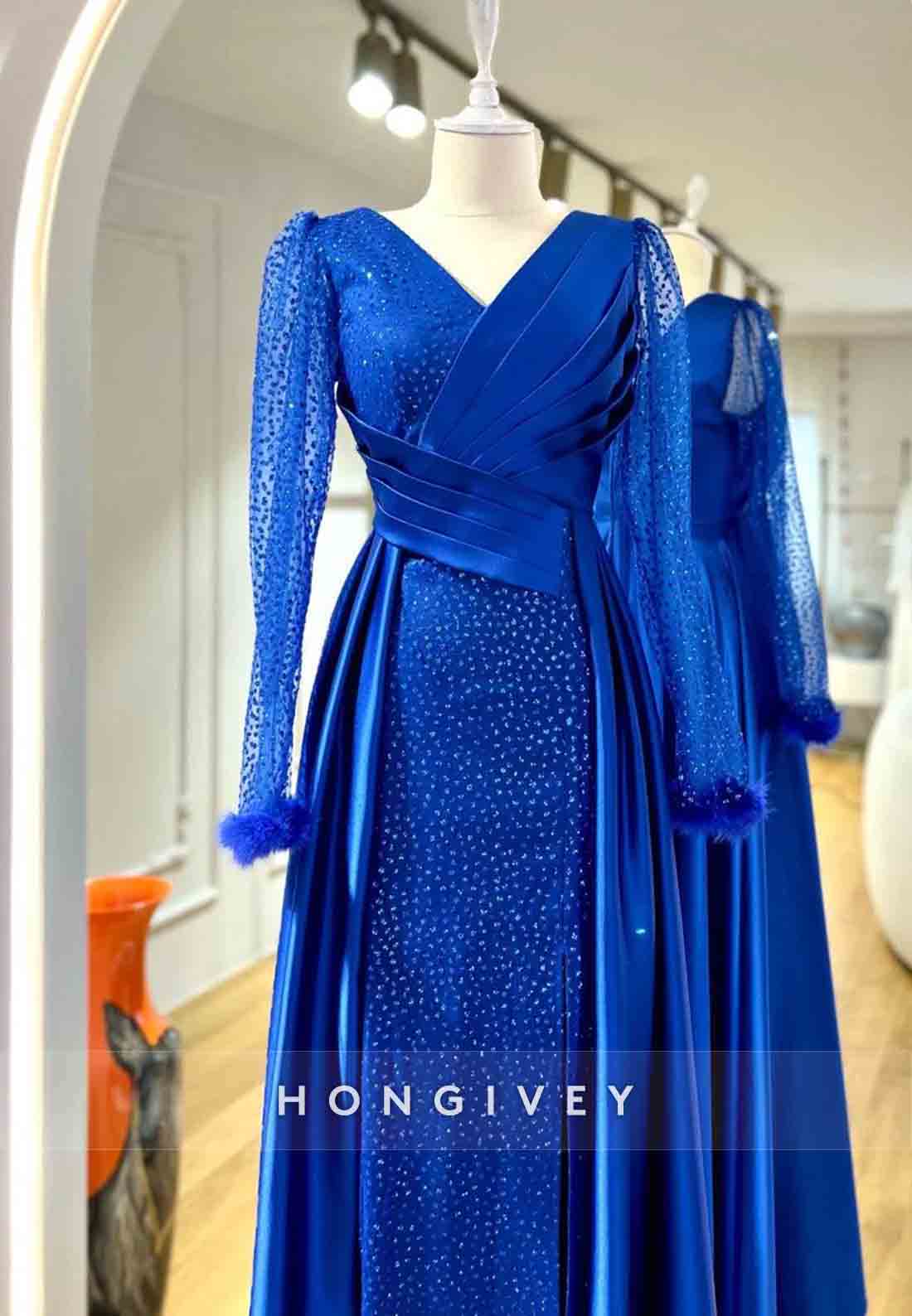 Long Sleeve V Neck Feather Pleated A-line Evening Gown Beading