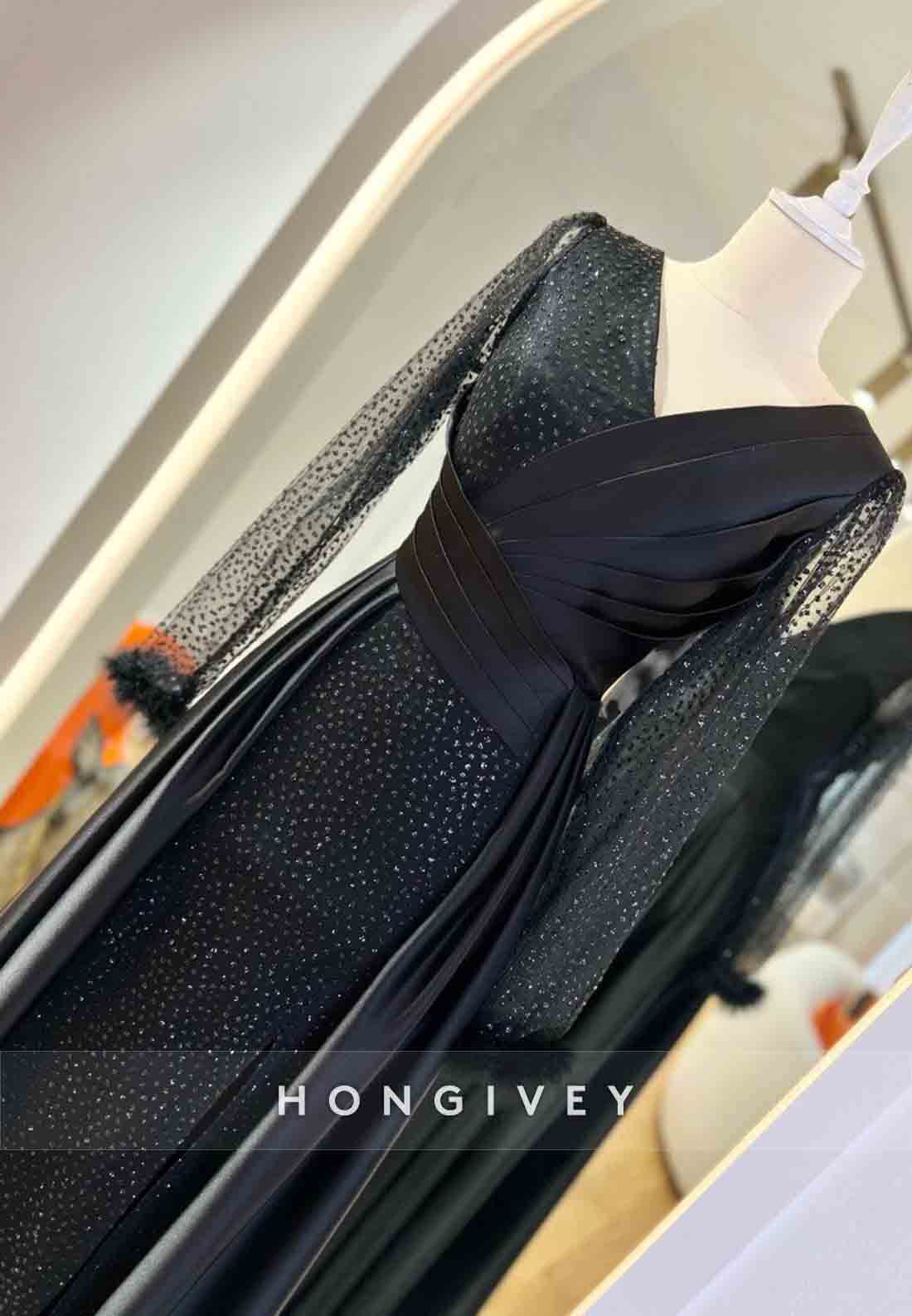 Long Sleeve V Neck Feather Pleated A-line Evening Gown Beading