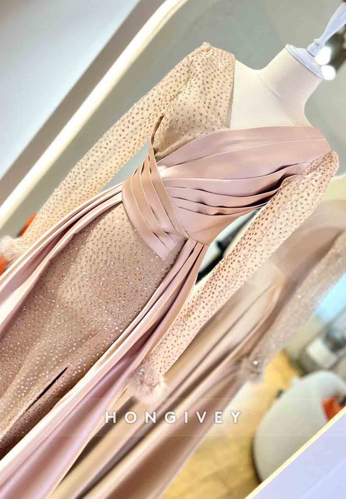 Long Sleeve V Neck Feather Pleated A-line Evening Gown Beading