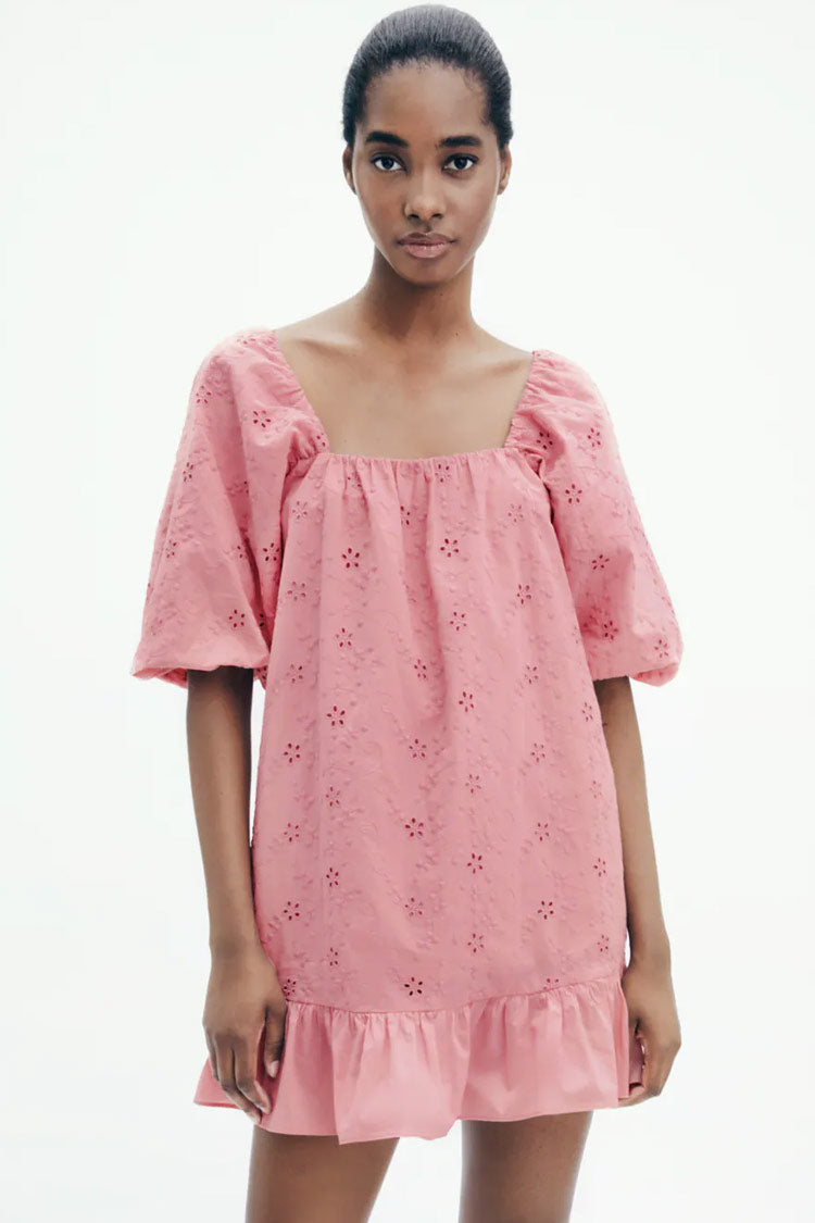 Puff Sleeve Broderie Anglaise Ruffle Mini Smock Dress - Pink